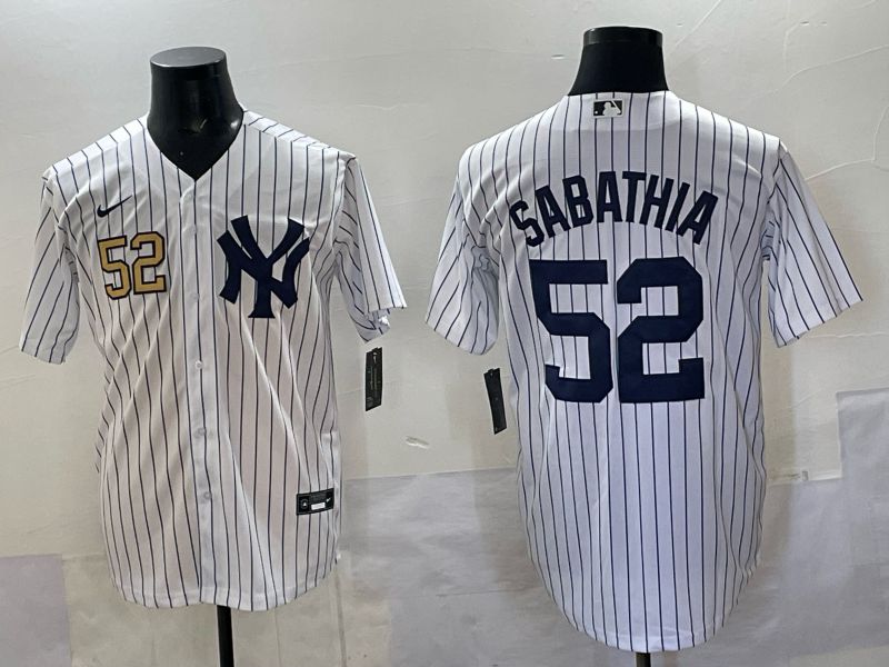 Men New York Yankees #52 Sabathia White Stripe Nike MLB 2025 Jersey 03